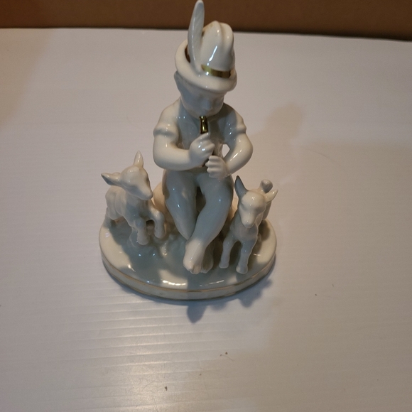 Erphila Germany Figurine Boy Playing Flute with Lambs/Goats White with Gold Trim - Picture 2 of 9